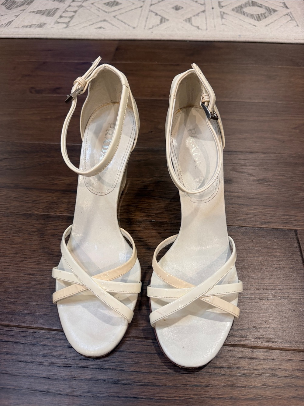 Prada Patent White Leather Ankle Strap Wedge Heels Size 39 - C61-008